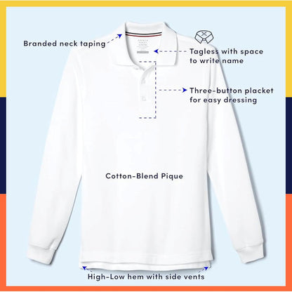 French Toast Long Sleeve Pique Polo Shirt (Standard & Husky) Camisa de Polo para Niños