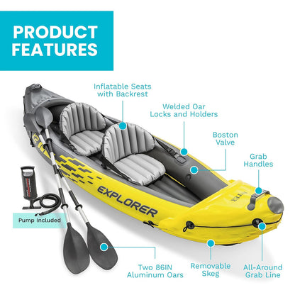 Intex 68307EP Explorer K2 Inflatable Kayak Set: Includes Deluxe 86in Aluminum Oars and High-Output Pump – SuperStrong PVC – Adjustable Seats with Backrest – 2-Person – 400lb Weight Capacity