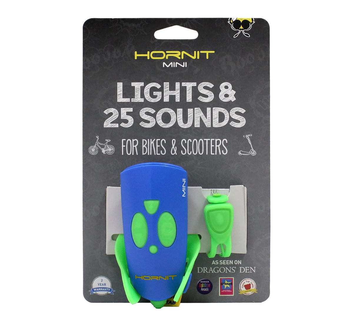 Hornit - Mini bocina para Bicicleta y Scooter con Faro para niños - Verde - Azul