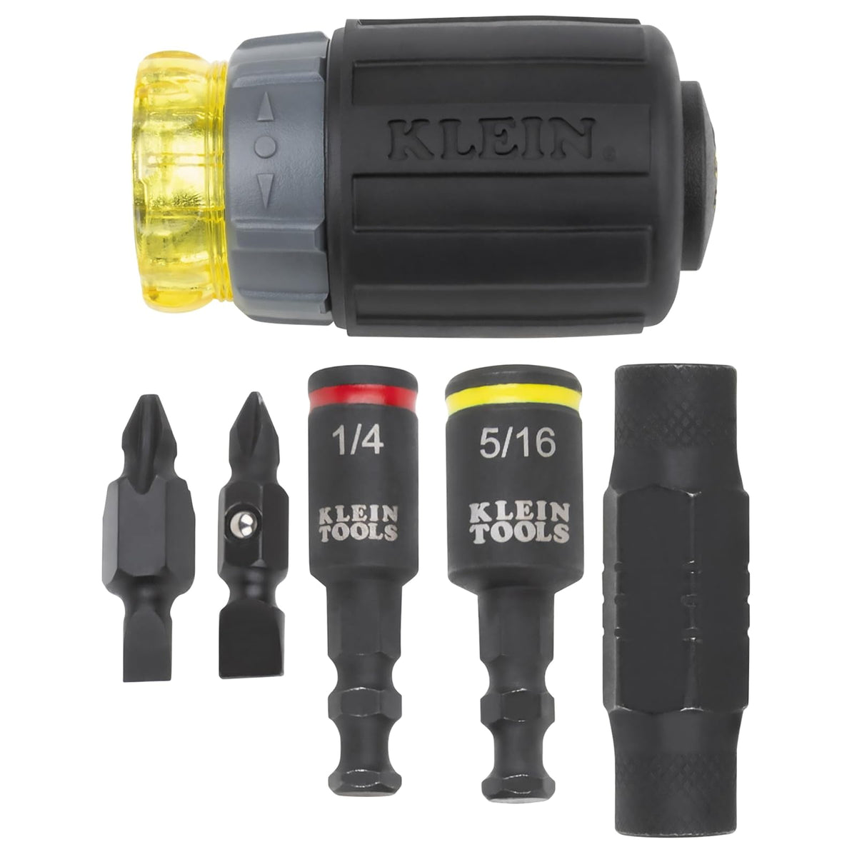 Klein Tools 32561HDRT KNECT - Desarmador de trinquete 7 en 1, clasificación de impacto, corto con puntas Phillips, ranuradas, 3 desarmadores de tuerca, adaptador, juego de 7 piezas
