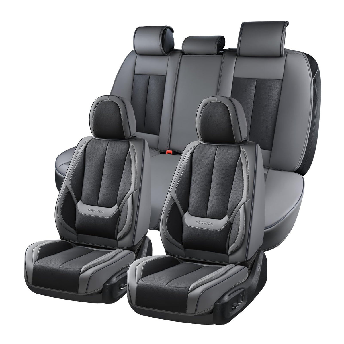 Coverado - Juego Completo de Fundas de Asiento de Coche, Impermeable, de Piel de napa para Asiento de Coche, Fundas de Asiento de Coche, Color Beige, Asientos Delanteros y Trasero, Ajuste Universal - negro, gris (Gray-Black) - FullSet
