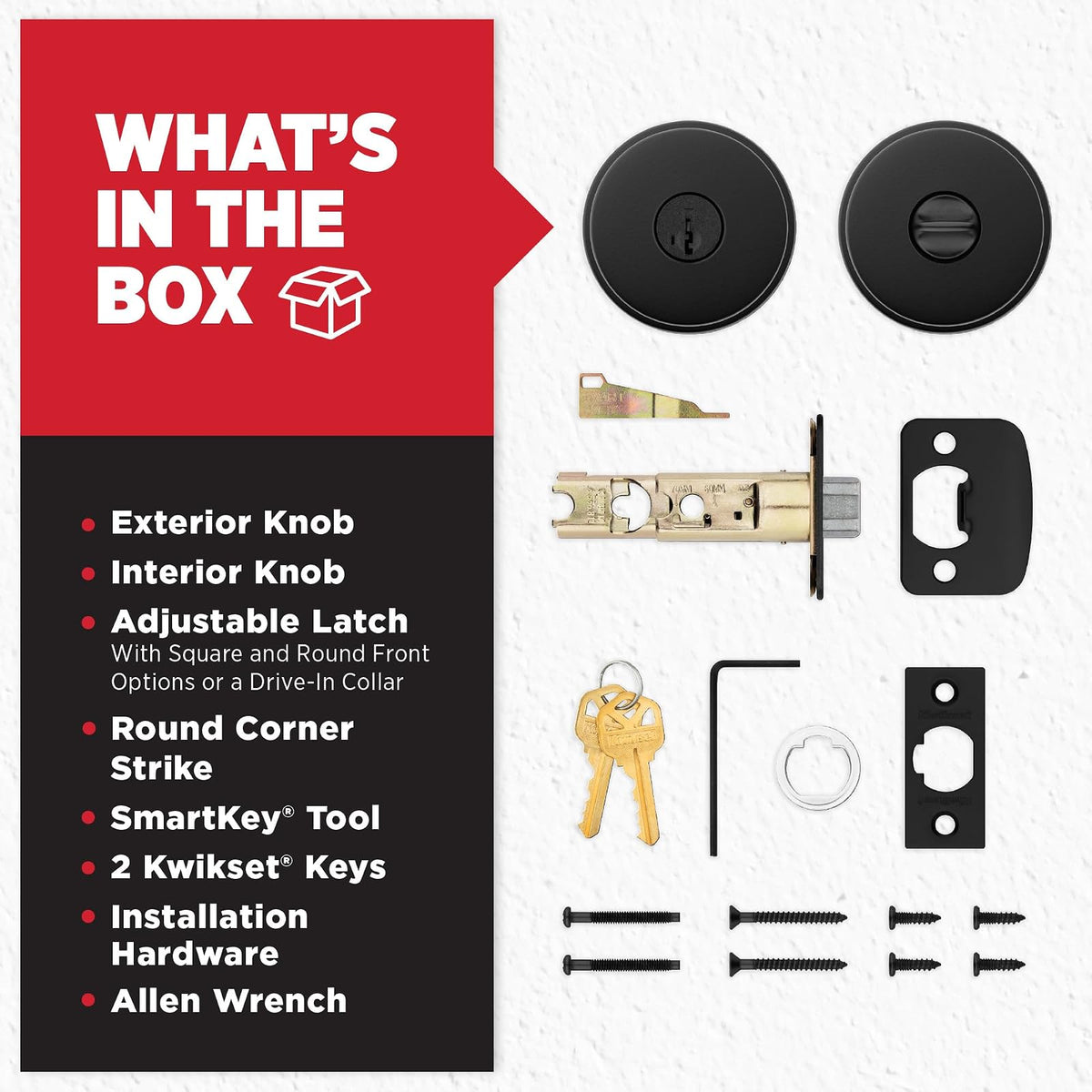 Kwikset Pismo - perilla para puerta de entrada con cerradura y llave, mango con llave segura exterior, entrada frontal y recámara, negro mate, resistente a la púa SmartKey Rekey Security y Microban
