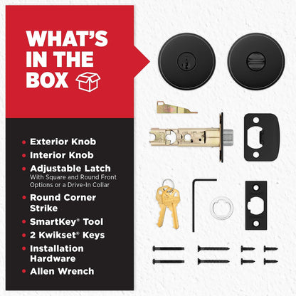 Kwikset Pismo - perilla para puerta de entrada con cerradura y llave, mango con llave segura exterior, entrada frontal y recámara, negro mate, resistente a la púa SmartKey Rekey Security y Microban