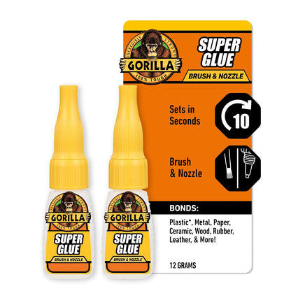 Gorilla Super Glue con aplicador de cepillo para polvo y boquilla, 12 gramos, transparente, (paquete de 2)