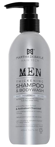 MARTHA DEBAYLE 3 en 1. Shampoo y gel de baño para cabello, barba y cuerpo. Con extractos de grano de café y carbón activado. Sin parabenos y ftalatos. 450 ml