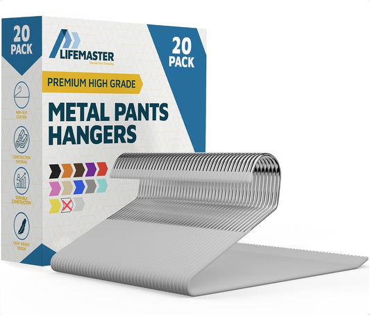 Lifemaster 20 Pcs. Heavy Duty Metal Slack Non-Slip Pants Hangers - Space Saving, Open-Ended Design for Jeans, Slacks, Blankets, Tablecloths - Closet Organizer with Rubber Cover (White)