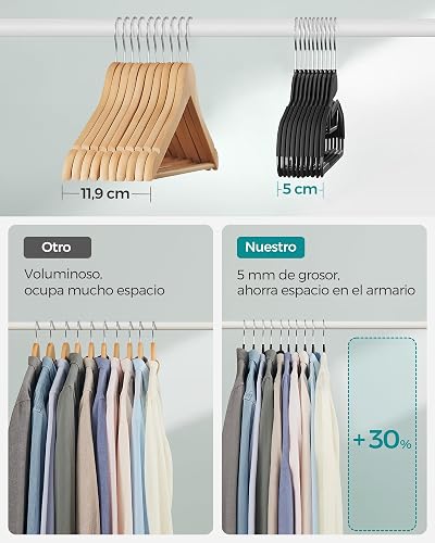 SONGMICS 50 Perchas de Plástico, Antideslizantes, Ahorro de Espacio, 41,5 cm de Largo, Gancho Giratorio 360º, Negro MCRP41BK-50