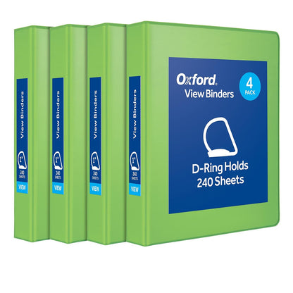 Oxford® - Carpeta de 3 anillos, carpetas duraderas para la escuela y la oficina, anillos duraderos de 1 pulgada en D, capacidad para 240 hojas, carpeta de presentación ClearVue, verde, paquete de 4