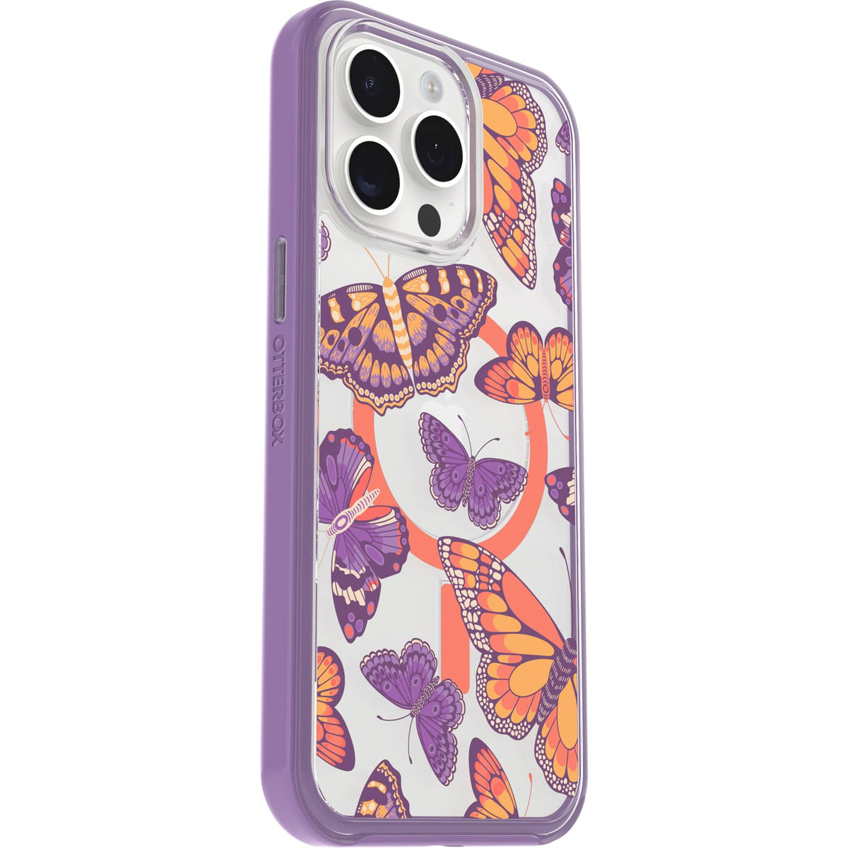 OtterBox - Funda Transparente para iPhone 15 Pro MAX (Solamente) Serie Symmetry - Flutter (Morado), se Ajusta a MagSafe, Ultra Elegante, Bordes elevados Que protegen la cámara y la visualización