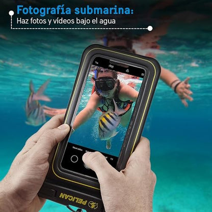Pelican Marine - Funda Impermeable para teléfono IP68 (tamaño estándar) Funda Flotante Impermeable para teléfono - Imprescindible para Viajes en cruceros de Playa - Black/Hi-Vis Yellow