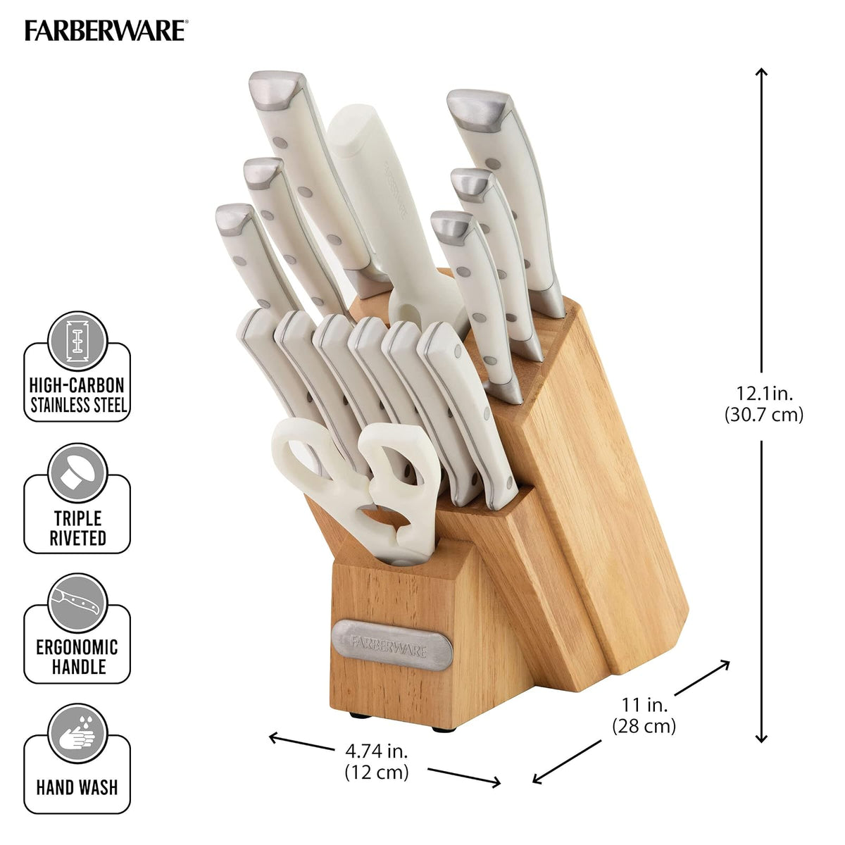Farberware Juego de 15 cuchillos forjados de triple remache, juego de cuchillos de cocina de alto carbono con asas ergonómicas, juego de 15 piezas, juego de cuchillos afilados, blanco