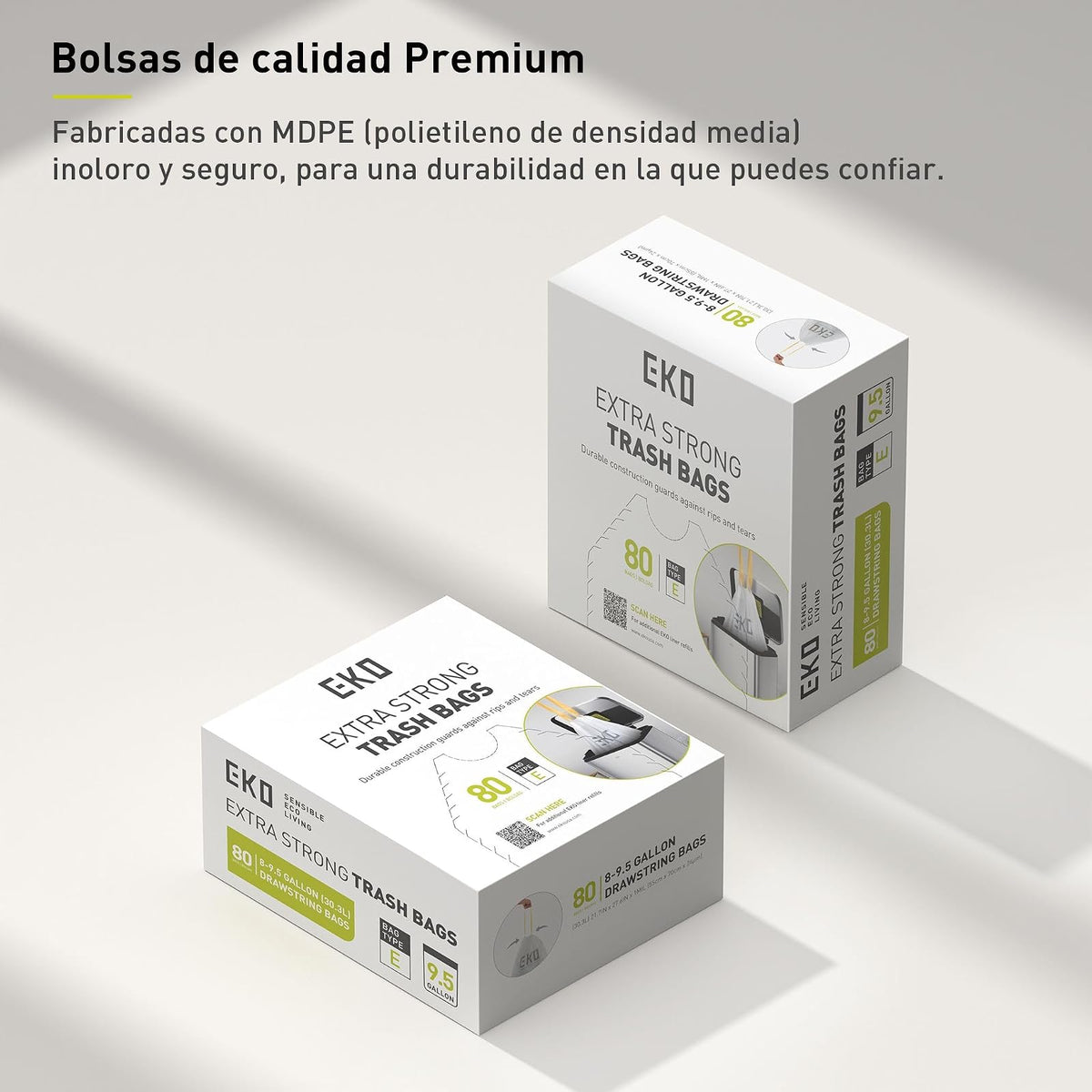 EKO Bolsas de Basura Tamaño E. 25-35 Litros. 80unidades. Caja dosificación fácil. Compatible con bote de basura EKO, uso en cocina, doméstico, extrafuertes, con cordón