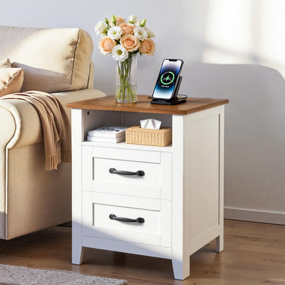 VEVOR Mesita de noche rústica con estación de carga, mesa auxiliar con 2 cajones y estante abierto, mueble de almacenamiento, mesa auxiliar rústica con puerto USB y tomas de CA, para dormitorio y sala