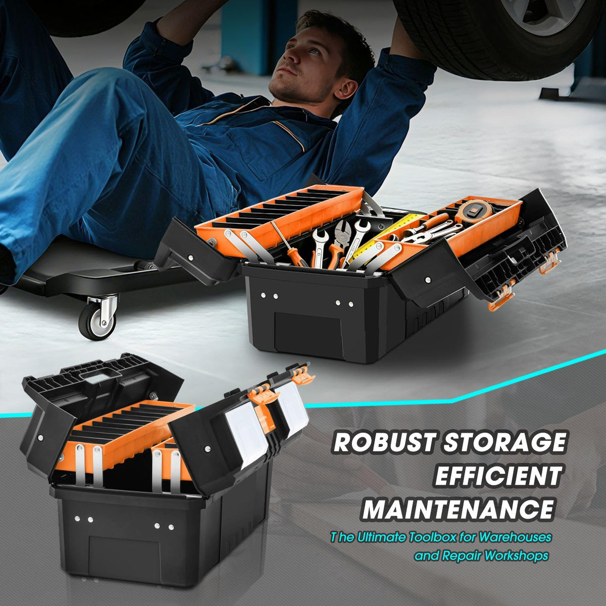 DNA Motoring Caja de Herramientas de plástico de 2 Capas con Cerradura Caja de Herramientas Plegable portátil Bandeja divisoria Organizadores de Herramientas, con asa, Naranja/Negro, TOOLS-00503