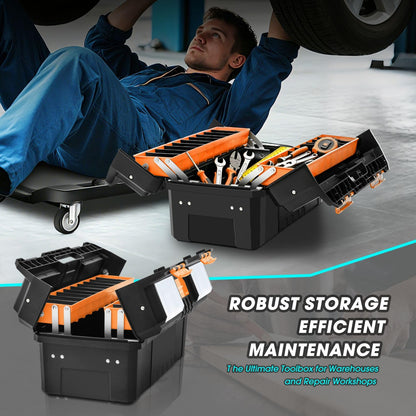 DNA Motoring Caja de Herramientas de plástico de 2 Capas con Cerradura Caja de Herramientas Plegable portátil Bandeja divisoria Organizadores de Herramientas, con asa, Naranja/Negro, TOOLS-00503