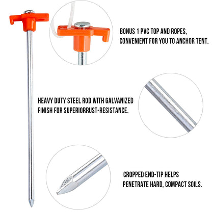 ABCCANOPY - Estacas para tienda de campaña de 11 pulgadas, 10 anclajes de metal no oxidado, puntas resistentes con 4 cuerdas para acampar al aire última intervensión, color naranja