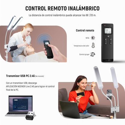 NEEWER Iluminación Fotografía Bicolor con Soporte para Celular, Compatible con 2.4G/PC/Mac y Control de 2 Cabezal Luz Video, Lámpara con Doble Brazo para Maquillaje, Pestañas, Cejas, Tatuajes, BH40B