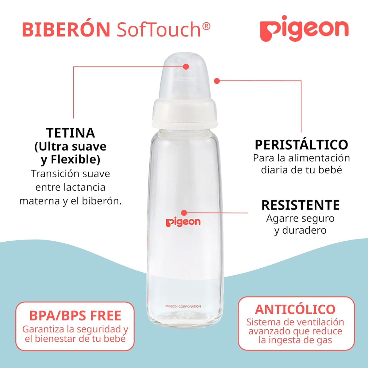 PIGEON | Biberones Recien Nacido Peristáltico | Biberones Anticolicos de Silicona Suave | Biberon Reduce Entrada de Aire - Superficie Mate para Agarre Seguro | Standard SofTouch para Bebé | 240 ml