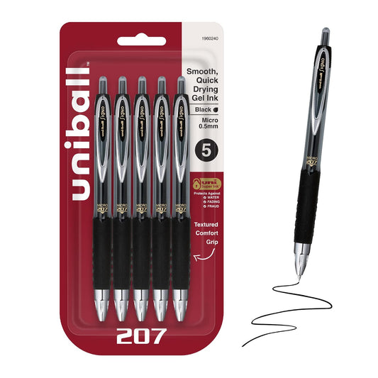 Uni-Ball - Bolígrafos de gel retráctiles negros (5 unidades, 207 signo clic con puntas finas de 0,5 mm, a prueba de fraude para oficina, enfermería, negocios, escuela y uso bíblico