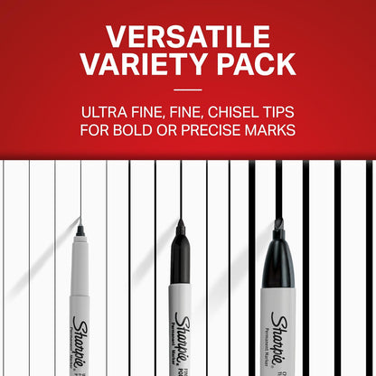 Sharpie - Paquete variado de marcadores permanentes, incluye cincel, puntas finas y ultrafinas, juego de marcadores, escritura, colorear, póster, oficina, suministros escolares, negro, 6 unidades