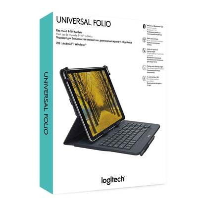 Logitech Universal Folio Funda para iPad o Tablet con Teclado Inalámbrico Bluetooth, para iPad Apple de 9-10 Pulgadas/Tablet Android o Windows, Fácil, Batería hasta 2 Años - Negro