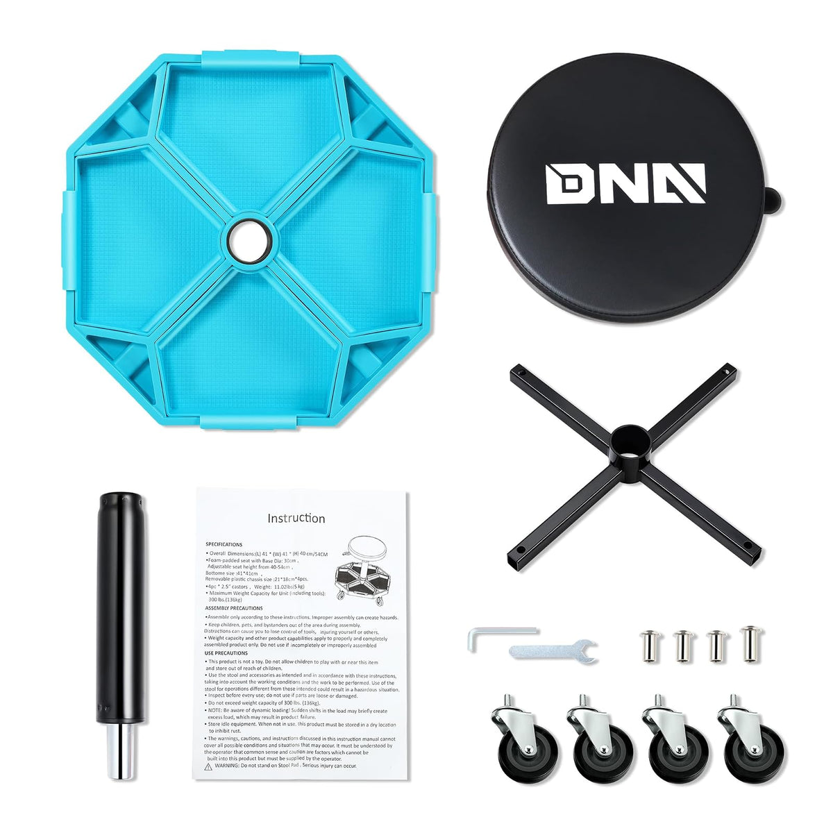 DNA MOTORING - Taburete mecánico neumático de Altura Ajustable con Bandeja de Herramientas, Capacidad máxima de Peso de 300 Libras, Azul, TOOLS-00480
