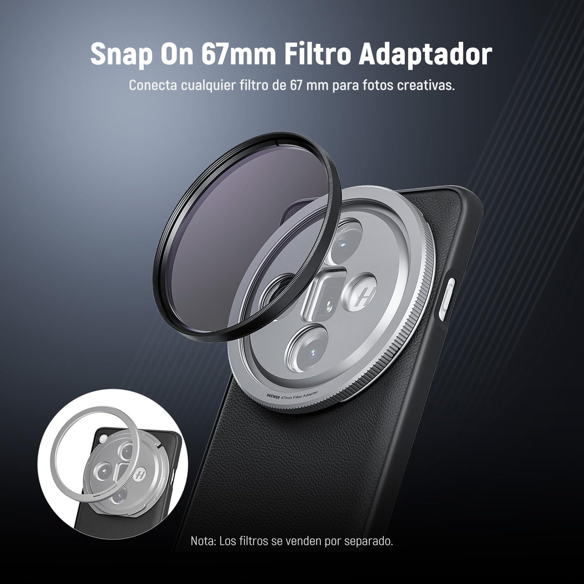 NEEWER X200 Pro Funda,Protectora Phone Case Compatible con Vivo X200 Pro, Resistente TPU + PC Faux Cuero con 17mm Lens Mounts & 67mm Adaptador Filtro para Carga Inalámbrica, PA114 Negro+Plateado