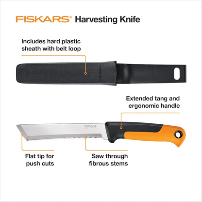 Fiskars - Cuchillo de cosecha con borde dentado, herramienta de mano de jardinería con hoja de punta plana y vaina, perfecto para tallos gruesos y tallos