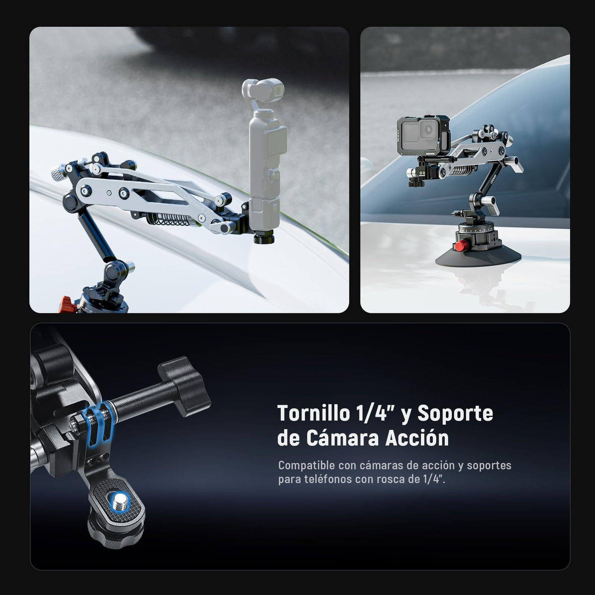 NEEWER GA022 Soporte Ventosa Al Vacío para Cámara Acción Automóvil con Brazo | Riel NATO, para DJI Osmo Pocket 3 4 Xtra Muse, Action 5 Pro 6, Insta360 Luna Ultra X5 X4, Adaptador Soporte GoPro Hero13