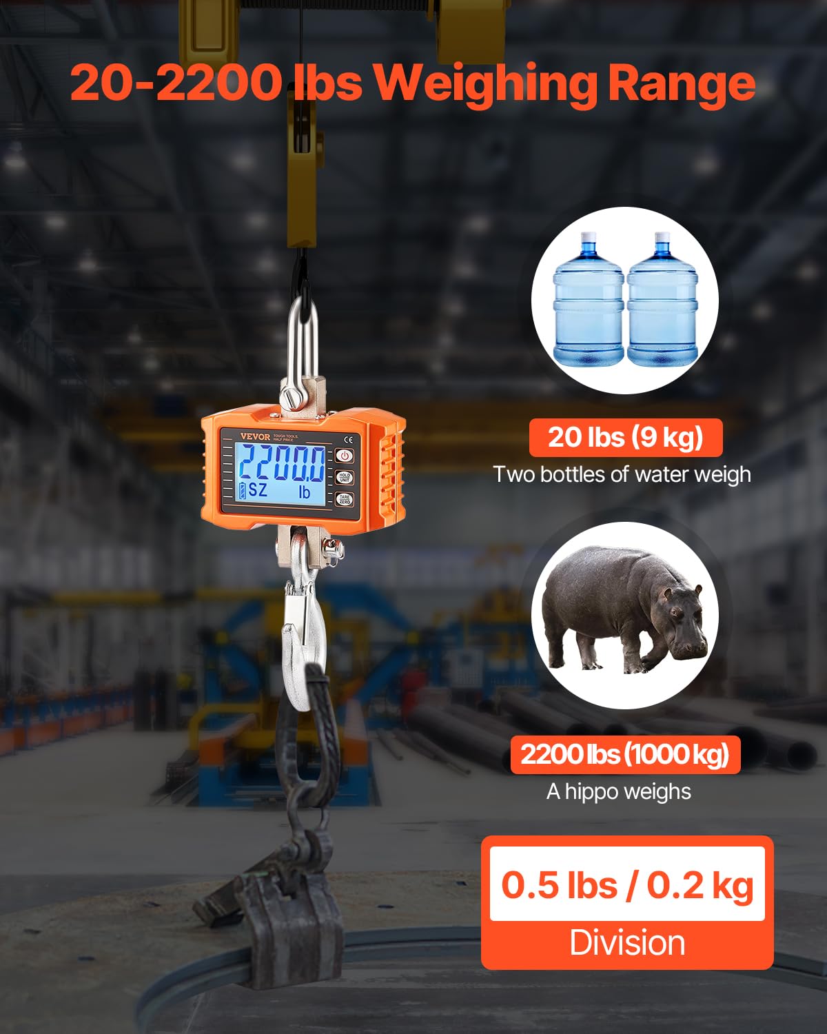 VEVOR Báscula industrial colgante de 1000 kg resistente digital con mando a distancia, báscula de carga, carcasa de aluminio fundido, pantalla LCD de alta precisión para construcción, fábrica, granja