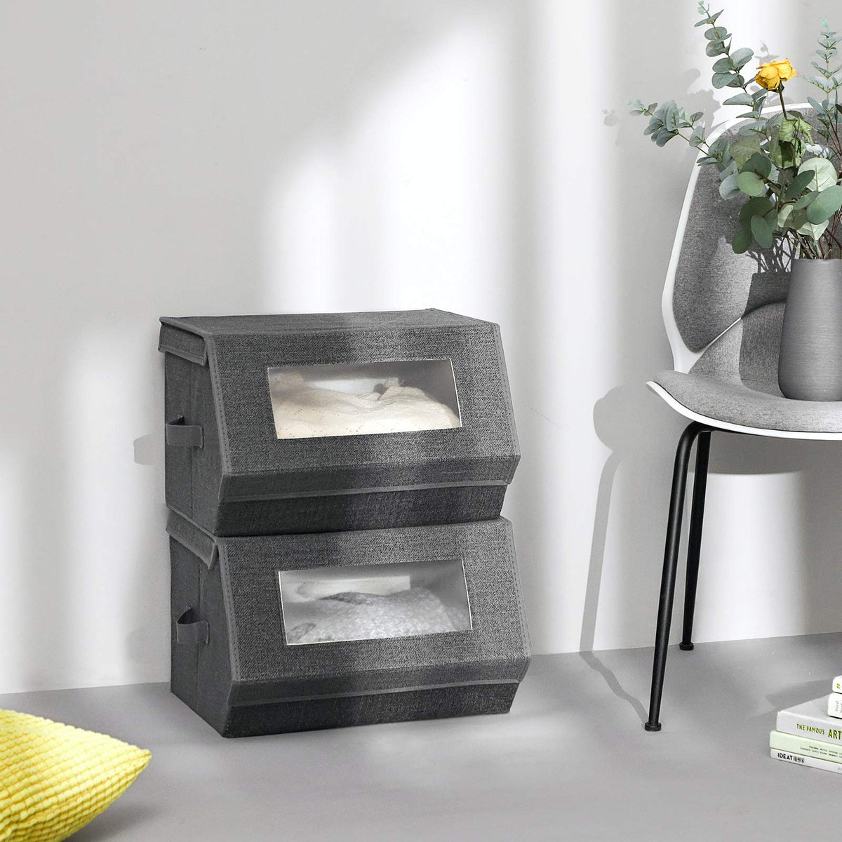 SONGMICS Cajas de Almacenamiento con Tapas Magnéticas y Marco de Metal, Apilables, 2 Piezas, 50x35.8x25.6 cm y 25x35.8x25.6 cm MRPLB02G