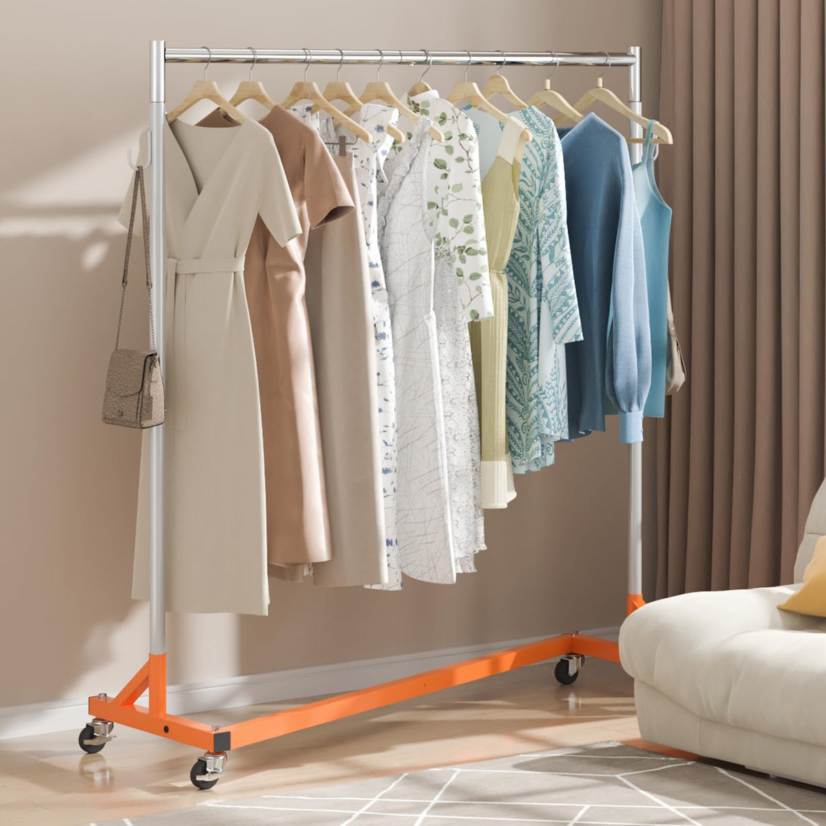 VEVOR Perchero Burro para Ropa en Z 60 x 159 x 180 cm Perchero Resistente con 4 Ruedas, Acero Inoxidable, Capacidad de 80 kg, Perchero Comercial con Base en Forma de Z con 2 Ganchos, Color Naranja