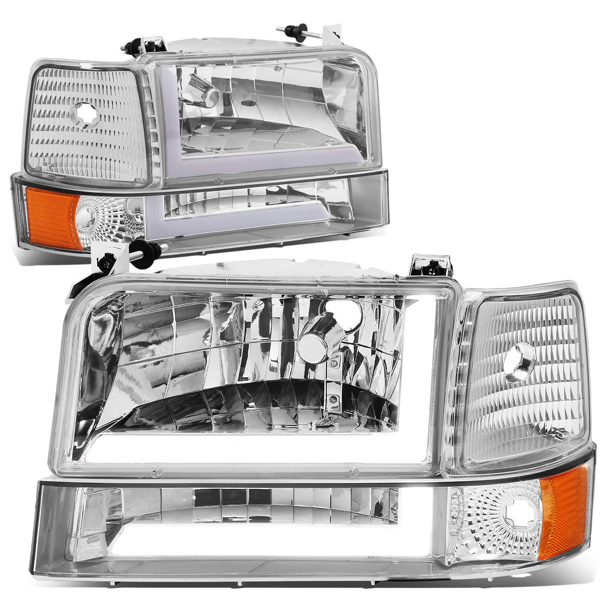 DNA Motoring Par de Faros LED Dobles para Ford F-150/F-250/F-350/Bronco 1992-1996, Cromo/Ámbar