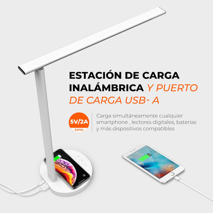 Tecnolite Connect - Lámpara de Mesa Inteligente WiFi LED 12 W con Estación de Carga Inalámbrica, Entrada USB, Luz Blanca Ajustable, Compatible con App móvil, Alexa, Google y Siri, Lámpara Interior