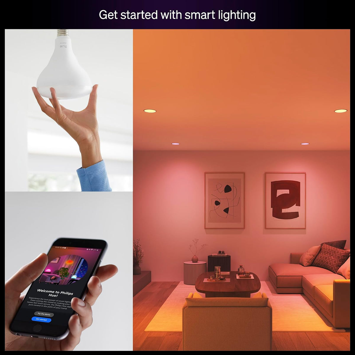 Philips Hue Essential Smart LED BR30 - Paquete de 1 foco LED BR30, color blanco y ambiente de color, E26, 7.2W, 2200K-6500K, 650 lúmenes, regulable, funciona con Alexa, Google Assistant, Apple Home