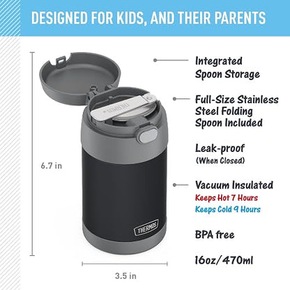 THERMOS FUNTAINER - Tarro aislado para alimentos, 16 onzas, termo apto para niños, con cuchara plegable, carbón mate