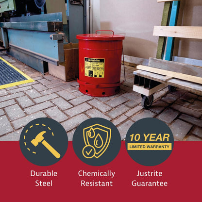 Justrite 09100; Galvanized-steel; Safety cans; For Oily waste; Red; Foot Operated cover; Raised, ventilated Bottom; Reinforced ribs; Self-closing; UL listed; FM approved; Capacity: 6 gal. (23L)