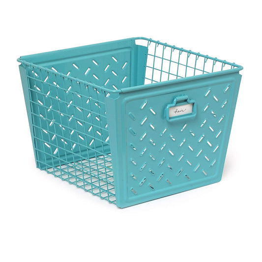 Spectrum Diversified Macklin, Cesta de Acero Estampado y Alambre para Almacenamiento de Armario y Cubos, diseño de inspiración Vintage con Placa de Etiqueta Personalizable, Grande, Verde Azulado