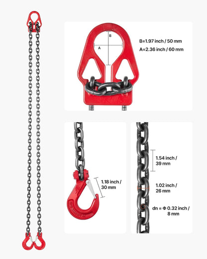 VEVOR Eslinga de Cadena de 8 mm x 3 m, con 2 Ganchos, Eslinga de Elevación de Aleación de Acero G80, Carga de 3,17 T, Polipasto de Cadena con Motor Ajustable para Remolcar Carga, Negro y Rojo