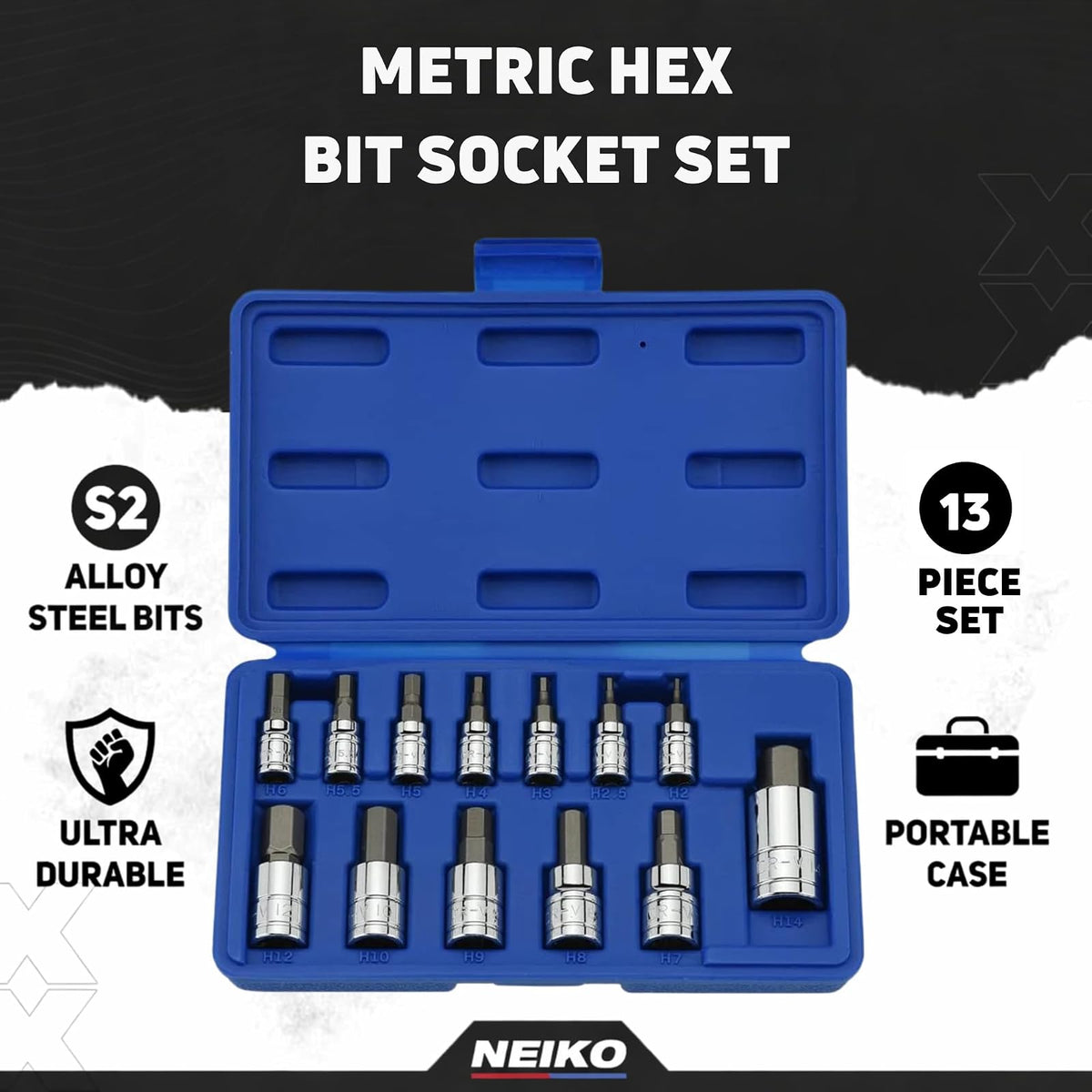 Neiko 10074A Metric MM Pro-Grade Llaves de Cubo Hexagonales, 13 piezas | 13 piezas, aleación acero Cromo-Vanadio, acabado brillante