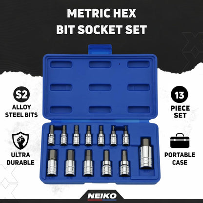 Neiko 10074A Metric MM Pro-Grade Llaves de Cubo Hexagonales, 13 piezas | 13 piezas, aleación acero Cromo-Vanadio, acabado brillante