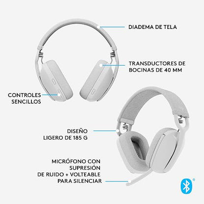 Logitech Zone Vibe 100 Auriculares inalámbricos livianos con micrófono, multipunto, Funciona con Teams,Google Meet, Zoom, Mac/PC,Blanco