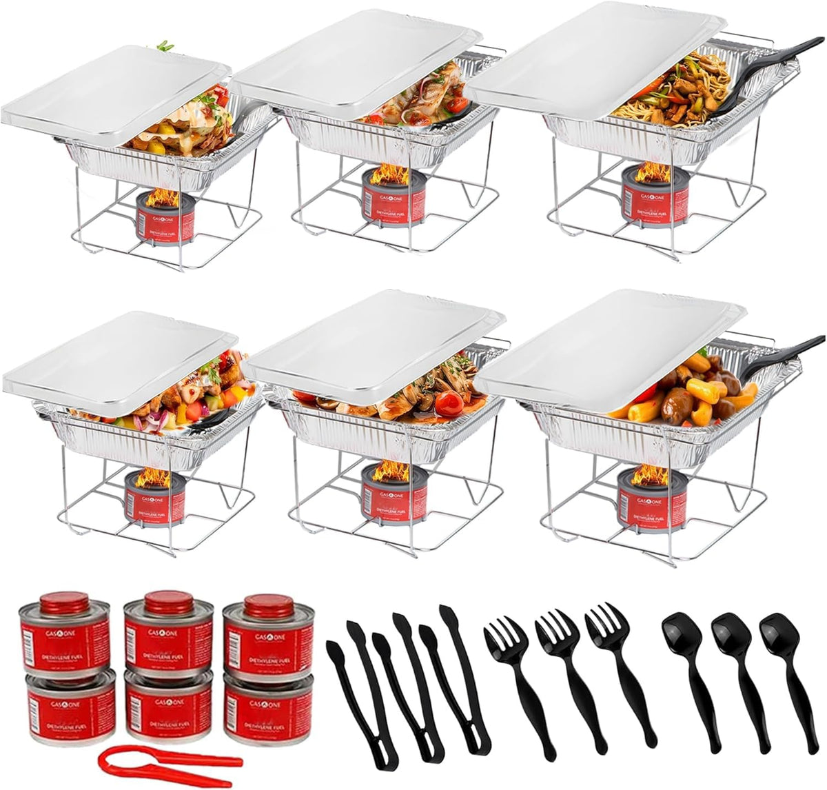 Alpha Living - Juego de 6 Platos Desechables, Juego de bufé para triturar Platos, sartenes de tamaño Medio, Calentadores de Alimentos Soldados para Fiestas, latas de Combustible, bandejas de