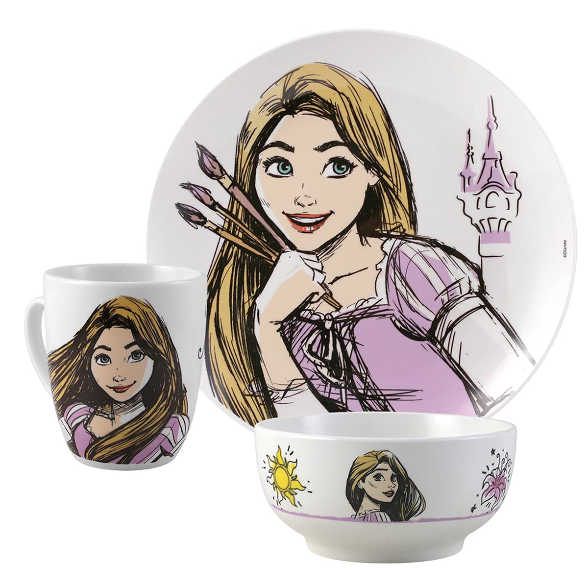 FunKids 2415-3570 Vajilla Familiar Porcelana, Colección Princesas Disney, Diseño Cenicienta, Bella, Rapunzel y Ariel, Vajilla 12 piezas, para 4 personas, Multicolor