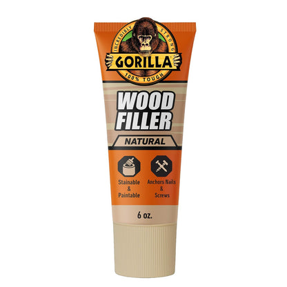 Gorilla - Relleno de madera multiusos, color natural, tubo de 6 onzas | Fórmula resistente al agua, acabado suave y lijable, pintable, ideal para reparaciones en interiores o exteriores