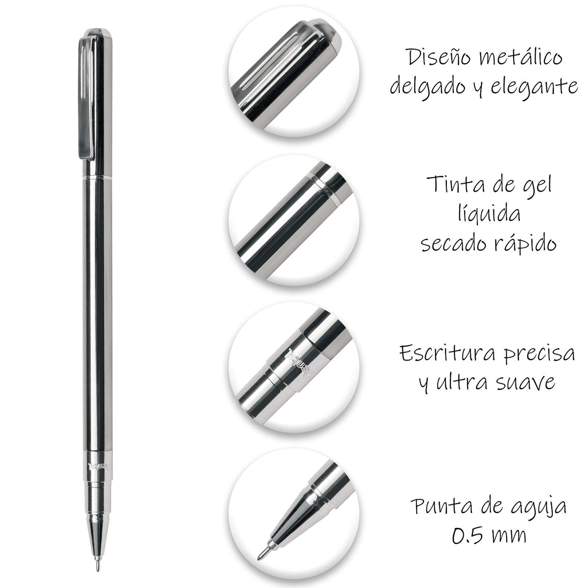 Bolígrafo Pentel Elegante y Ligero Tinta EnerGel Cuerpo Metálico Plata Estuche 1 Pieza-BL625A-A-EST