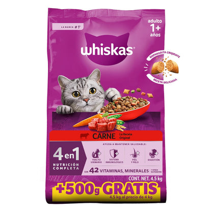 Whiskas Alimento Seco para Gatos Adultos 4 en 1, 100% Nutrición Completa y – Sabor Carne 4.5 kg