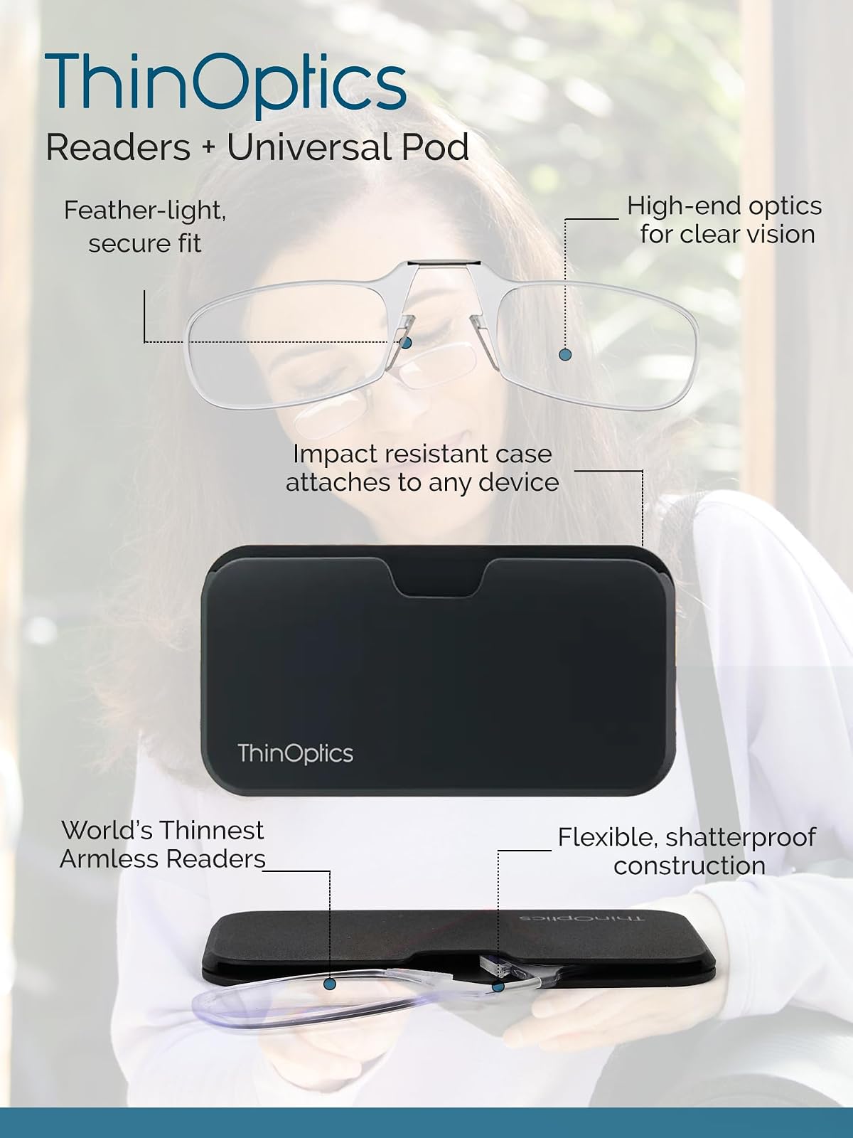 ThinOptics Reading Glasses + Black Universal Pod Case | Classic Collection, Black Frames, 1.50 Strength - Bookstore Featured Product