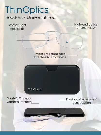 ThinOptics Reading Glasses + Black Universal Pod Case | Classic Collection, Black Frames, 1.50 Strength - Bookstore Featured Product