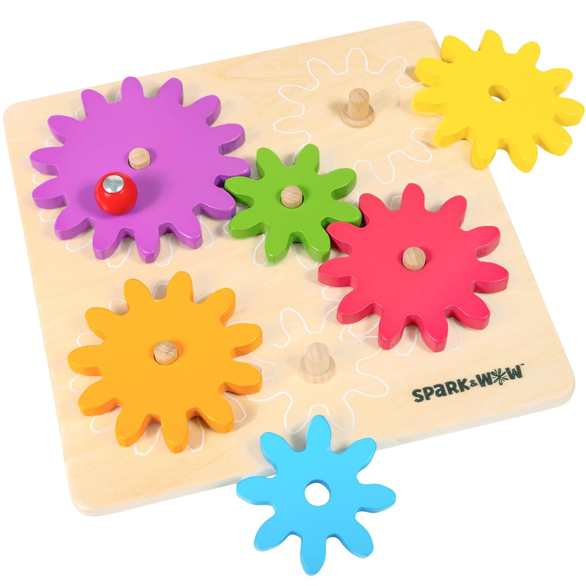 SPARK & WOW Spinny Gears - Tabla de Engranajes de Madera con 6 Piezas en 3 tamaños - Rompecabezas de Engranajes para niños - CREA Combinaciones Coloridas y giratorias